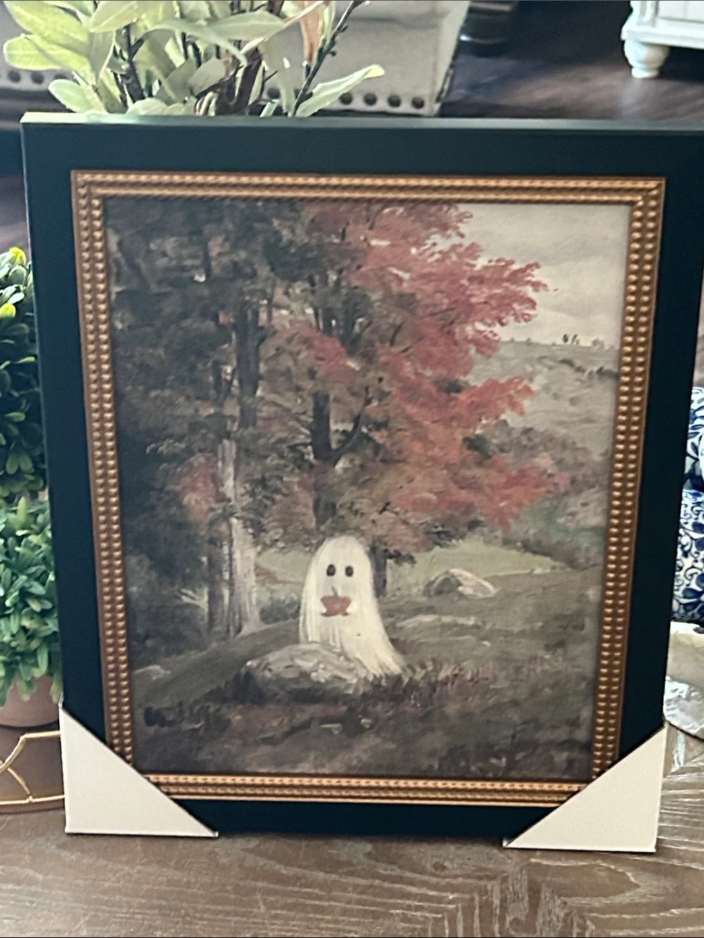 NEW! Vintage Inspired Black & Gold Framed Autumn Halloween Ghost & Pumpkin Art